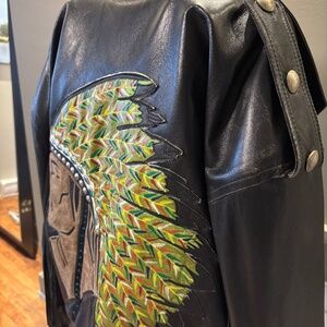 Rare Vintage Jeff Hamilton USA Leather Fringe Jacket Hand Painted Native Chief